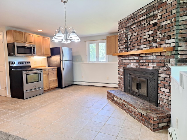2 Gunstock Rd, Scarborough, ME 04074 - kitchen with appliances with stainless steel finishes, baseboard heating, light brown cabinetry, light tile patterned flooring, and a brick fireplace