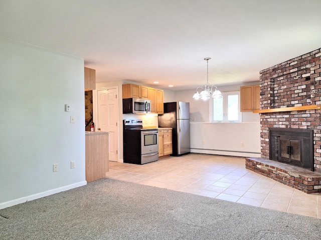 2 Gunstock Rd, Scarborough, ME 04074 - kitchen featuring appliances with stainless steel finishes, a baseboard heating unit, a chandelier, light brown cabinetry, and light tile patterned flooring