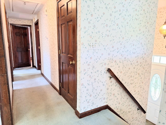 2 Gunstock Rd, Scarborough, ME 04074 - hall featuring wallpapered walls, light carpet, an upstairs landing, and baseboards