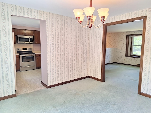 2 Gunstock Rd, Scarborough, ME 04074 - unfurnished dining area with a chandelier, light carpet, wallpapered walls, and baseboards