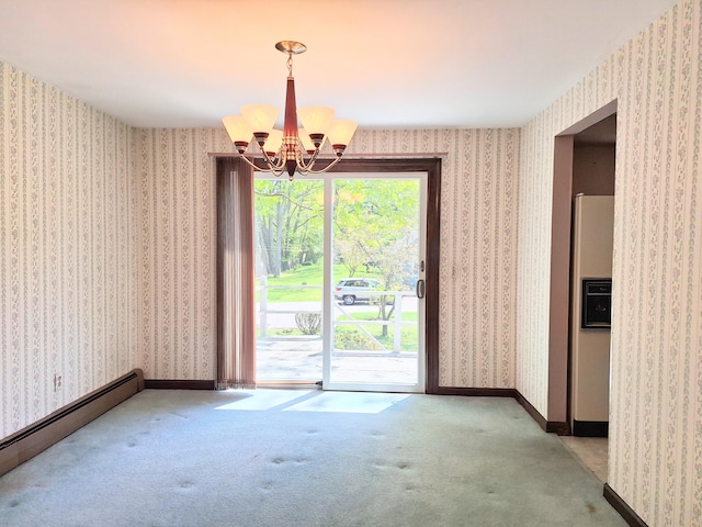 2 Gunstock Rd, Scarborough, ME 04074 - unfurnished dining area featuring a baseboard radiator, a chandelier, carpet, and wallpapered walls