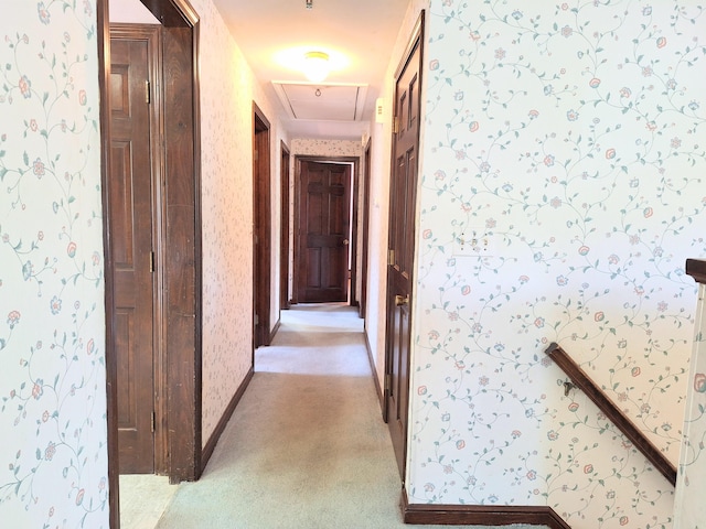 2 Gunstock Rd, Scarborough, ME 04074 - hall featuring wallpapered walls, light carpet, and attic access