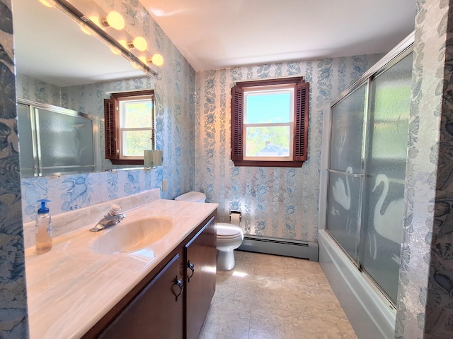 2 Gunstock Rd, Scarborough, ME 04074 - full bath featuring a baseboard radiator, wallpapered walls, vanity, toilet, and healthy amount of natural light
