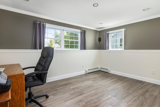 13 Daggett St, Portland, ME 04103 - unfurnished office with wood finished floors, ornamental molding, baseboards, recessed lighting, and a baseboard heating unit
