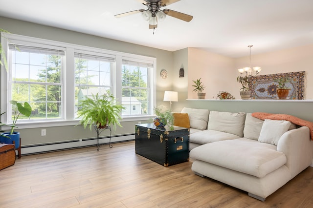 13 Daggett St, Portland, ME 04103 - living area featuring a baseboard radiator, a chandelier, ceiling fan, and light wood-style flooring