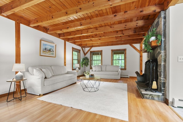58 Josiah Norton Rd, York, ME 03902 - living room with a baseboard radiator, wood ceiling with exposed beams, light wood-style flooring, baseboard heating, and baseboards