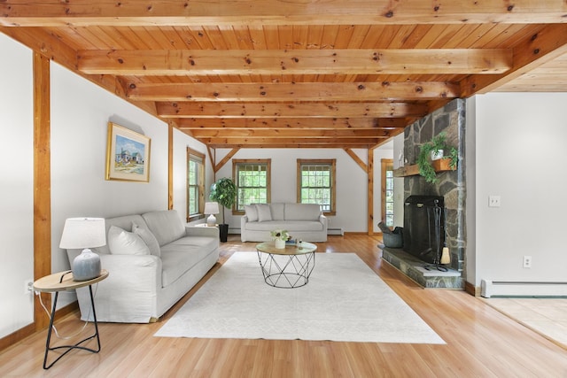 58 Josiah Norton Rd, York, ME 03902 - living area featuring wooden ceiling with exposed beams, baseboard heating, wood finished floors, and baseboards