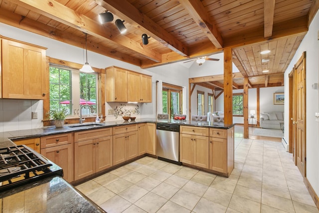 58 Josiah Norton Rd, York, ME 03902 - kitchen with dishwasher, a sink, wood ceiling with exposed beams, decorative backsplash, and a peninsula