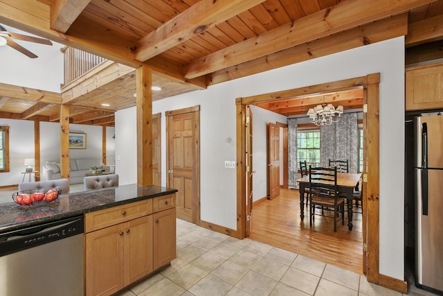 58 Josiah Norton Rd, York, ME 03902 - kitchen with dishwasher, freestanding refrigerator, light tile patterned flooring, a chandelier, and ceiling fan