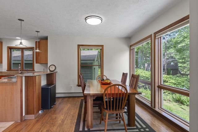 23 Stovers Point Rd, Harpswell, ME 04079 - dining area featuring a baseboard radiator, a textured ceiling, wood finished floors, and plenty of natural light