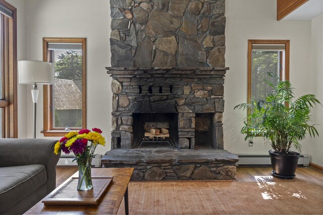 23 Stovers Point Rd, Harpswell, ME 04079 - living room featuring wood finished floors, a stone fireplace, and baseboard heating