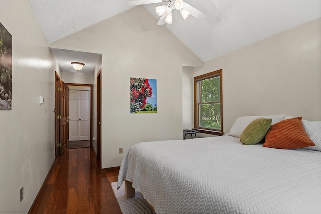 23 Stovers Point Rd, Harpswell, ME 04079 - bedroom featuring wood finished floors, high vaulted ceiling, and ceiling fan