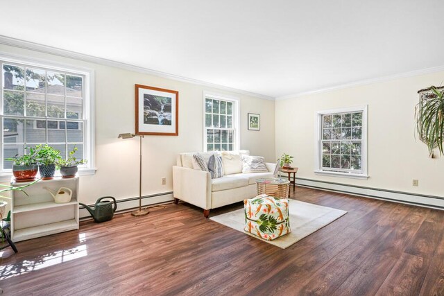 6 Winter St, Augusta, ME 04330 - living area featuring baseboard heating, wood finished floors, crown molding, and baseboards