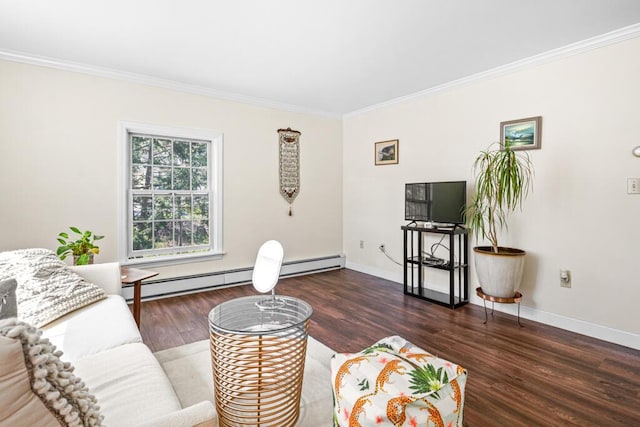 6 Winter St, Augusta, ME 04330 - living room with crown molding, wood finished floors, baseboards, and a baseboard heating unit