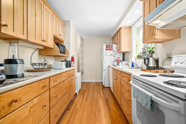 6 Winter St, Augusta, ME 04330 - kitchen featuring white appliances, under cabinet range hood, light wood-type flooring, light countertops, and recessed lighting