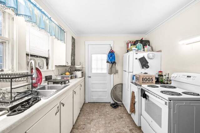 6 Winter St, Augusta, ME 04330 - kitchen with white electric range, crown molding, light countertops, white cabinets, and stone finish floors