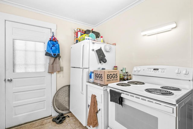 6 Winter St, Augusta, ME 04330 - kitchen featuring white appliances, crown molding, and light tile patterned floors
