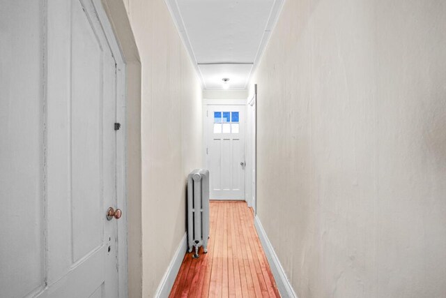 6 Winter St, Augusta, ME 04330 - hallway with radiator, light wood-style flooring, crown molding, and baseboards