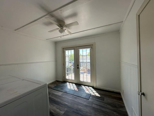 52 Rideout Ave, Lewiston, ME 04240 - spare room featuring french doors, dark wood-type flooring, ceiling fan, wainscoting, and baseboards