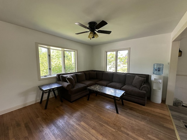 52 Rideout Ave, Lewiston, ME 04240 - living room featuring wood finished floors, ceiling fan, and baseboards