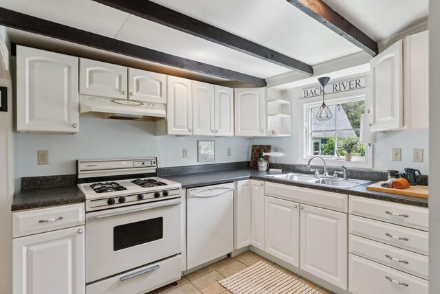 592 Old Stage Rd, Arrowsic, ME 04530 - kitchen with white appliances, a sink, under cabinet range hood, beamed ceiling, and dark countertops