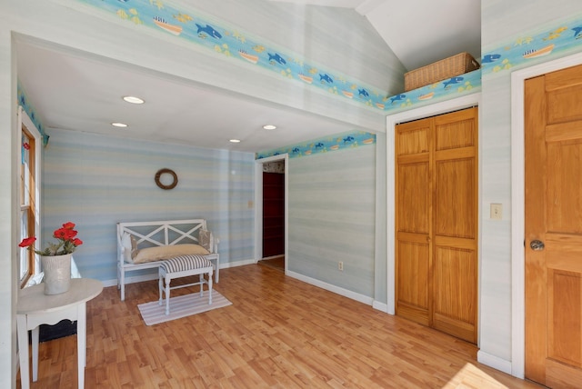 592 Old Stage Rd, Arrowsic, ME 04530 - foyer featuring wallpapered walls, light wood-type flooring, baseboards, vaulted ceiling, and recessed lighting