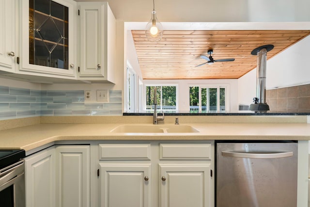 94 Thompson St, South Portland, ME 04106 - kitchen with appliances with stainless steel finishes, a sink, a ceiling fan, wooden ceiling, and white cabinets