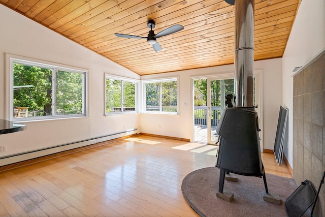 94 Thompson St, South Portland, ME 04106 - unfurnished room featuring vaulted ceiling, wood ceiling, a baseboard heating unit, plenty of natural light, and a ceiling fan