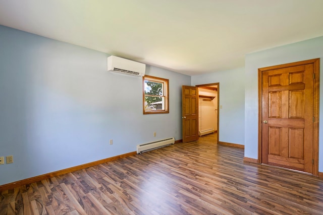 94 Thompson St, South Portland, ME 04106 - unfurnished bedroom with a baseboard radiator, a wall mounted air conditioner, a baseboard heating unit, wood finished floors, and baseboards
