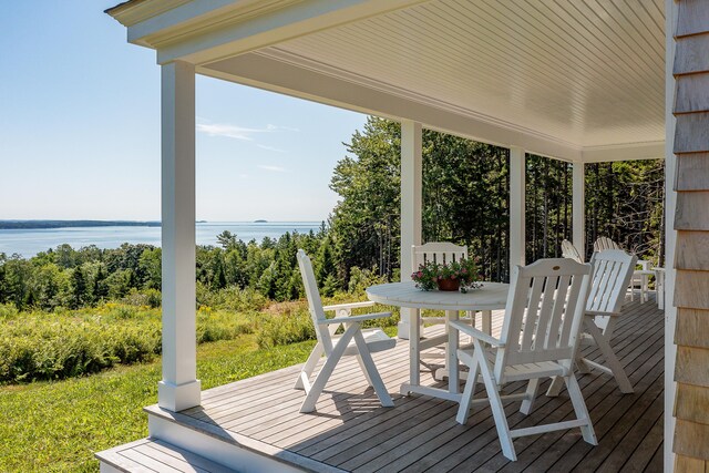 286 Atlantic Hwy, Northport, ME 04849 - wooden terrace featuring a water view and outdoor dining space