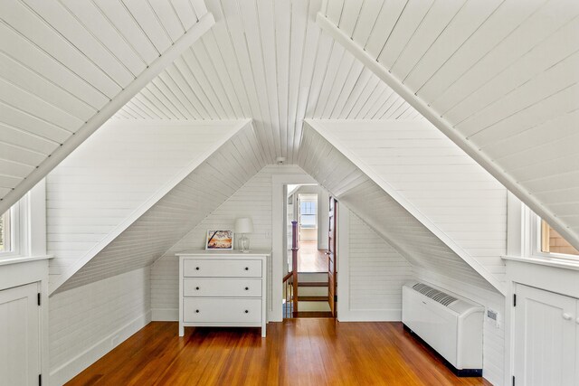 286 Atlantic Hwy, Northport, ME 04849 - bonus room with lofted ceiling, hardwood / wood-style floors, wooden ceiling, wood walls, and radiator
