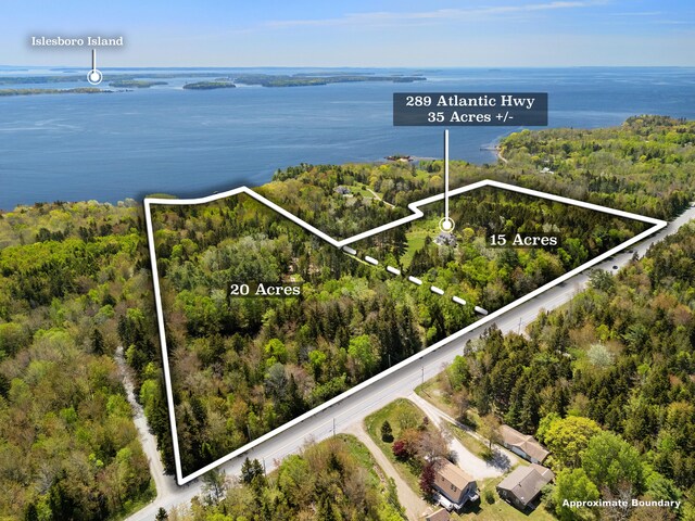 286 Atlantic Hwy, Northport, ME 04849 - aerial view of property's location with property parcel outlined, a nearby body of water, and a forest