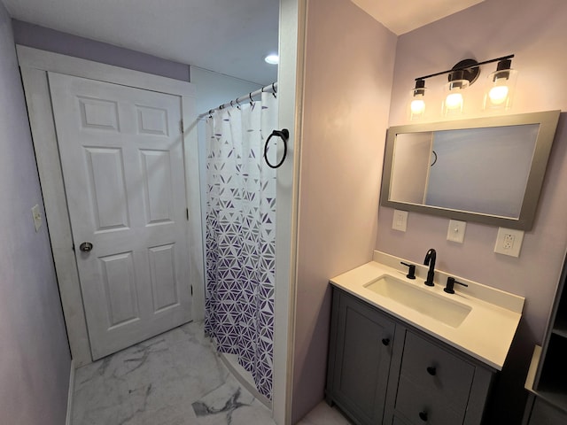 237 Bangor Rd, Unity, ME 04988 - bathroom with marble finish flooring, vanity, and curtained shower