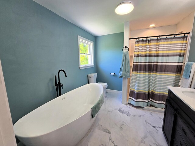 237 Bangor Rd, Unity, ME 04988 - bathroom featuring toilet, a soaking tub, vanity, marble finish floors, and a shower with curtain