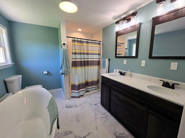 237 Bangor Rd, Unity, ME 04988 - full bath featuring marble look tiles, double vanity, a freestanding tub, and a shower with shower curtain