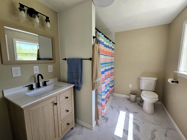 237 Bangor Rd, Unity, ME 04988 - full bath featuring toilet, marble look tile flooring, vanity, a shower with shower curtain, and baseboards