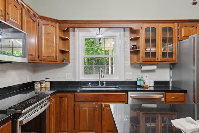 10 Ledge Hill Rd, Gorham, ME 04038 - kitchen with a sink, appliances with stainless steel finishes, open shelves, and brown cabinets