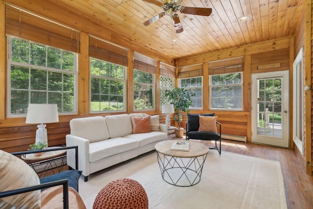 10 Ledge Hill Rd, Gorham, ME 04038 - sunroom / solarium featuring healthy amount of natural light, a baseboard heating unit, wood walls, wood finished floors, and wooden ceiling