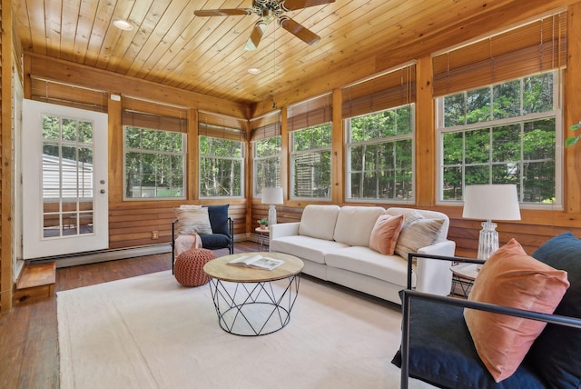 10 Ledge Hill Rd, Gorham, ME 04038 - living room featuring baseboard heating, ceiling fan, hardwood / wood-style flooring, and wooden ceiling