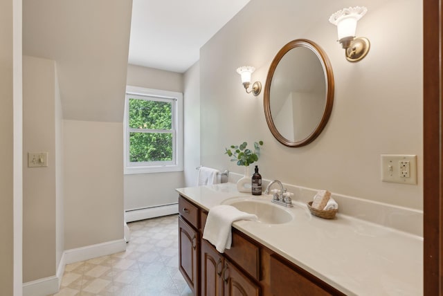 10 Ledge Hill Rd, Gorham, ME 04038 - bathroom featuring tile patterned floors, vanity, a baseboard radiator, and baseboards