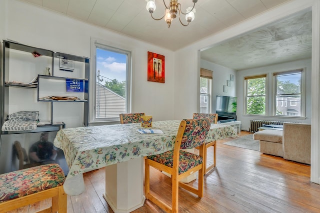 74 King Ave, Lewiston, ME 04240 - dining room featuring a chandelier, hardwood / wood-style flooring, radiator heating unit, and ornamental molding