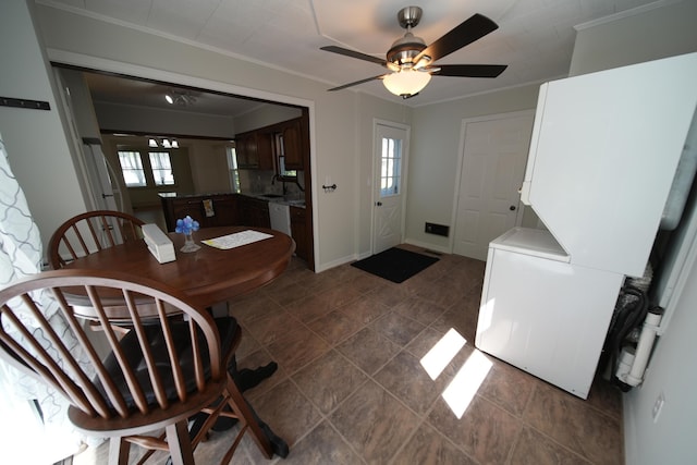 6 Pleasant Ct, Houlton, ME 04730 - dining space featuring healthy amount of natural light, ornamental molding, ceiling fan, and baseboards