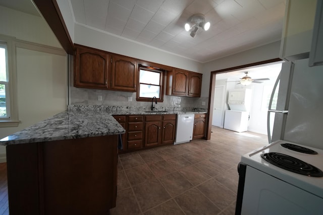 6 Pleasant Ct, Houlton, ME 04730 - kitchen featuring white appliances, a sink, tasteful backsplash, light stone countertops, and crown molding