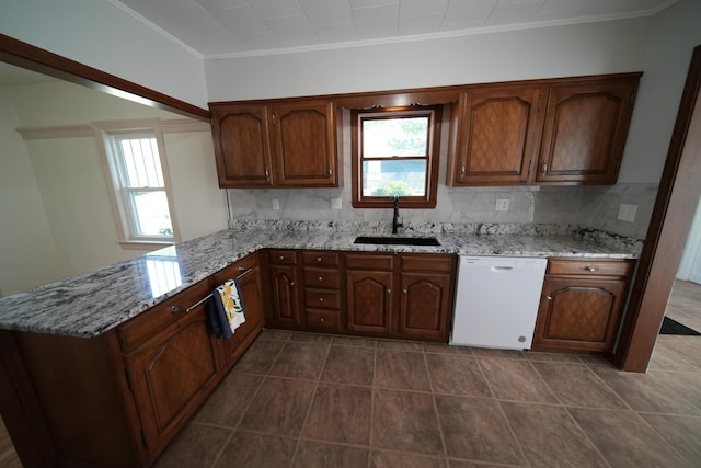 6 Pleasant Ct, Houlton, ME 04730 - kitchen with white dishwasher, a sink, crown molding, a peninsula, and healthy amount of natural light