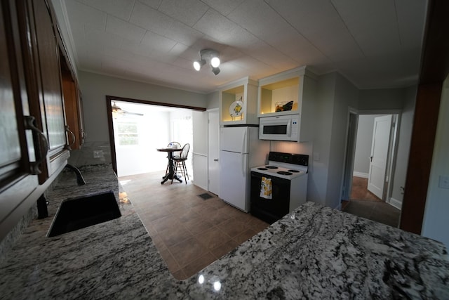 6 Pleasant Ct, Houlton, ME 04730 - kitchen with white appliances, a sink, light stone counters, and open shelves