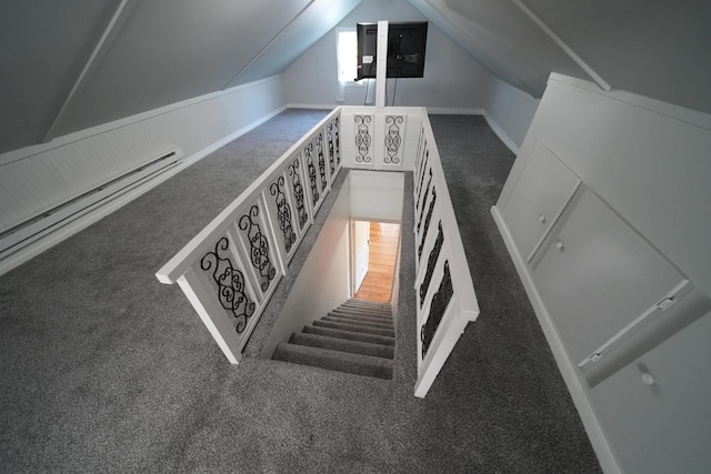 6 Pleasant Ct, Houlton, ME 04730 - stairs with carpet floors, a baseboard radiator, and vaulted ceiling