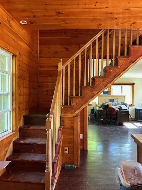 20 Monument Rd, Abbot, ME 04406 - stairway featuring wood walls, wood finished floors, and wooden ceiling
