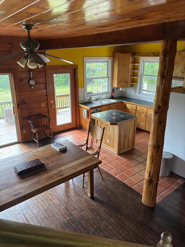 20 Monument Rd, Abbot, ME 04406 - kitchen with ceiling fan, a kitchen island, wood ceiling, light tile patterned floors, and open shelves
