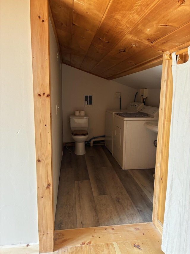 20 Monument Rd, Abbot, ME 04406 - bathroom with washer and clothes dryer, wood finished floors, toilet, wooden ceiling, and lofted ceiling