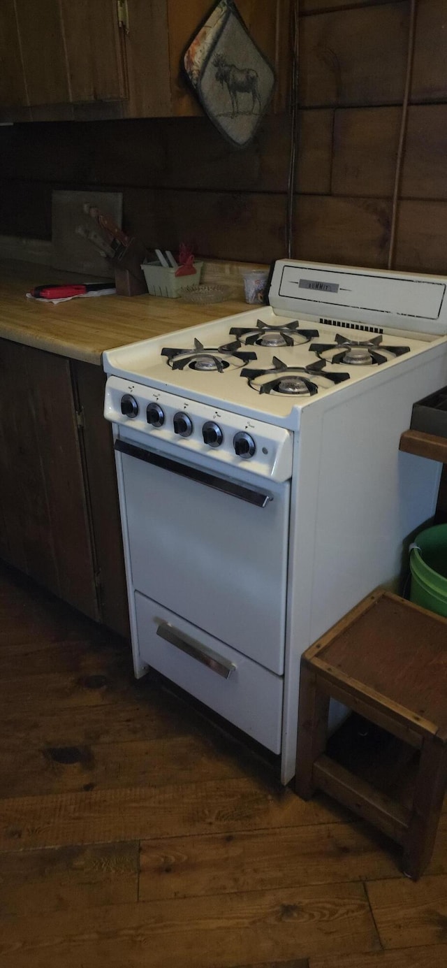 1261 Turkey Tail Rd Unit T4, Indian Purchase Twp, ME 04462 - kitchen with gas range gas stove, dark wood-style floors, and light countertops